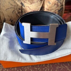 Hermes Blue Belt with Silver H Buckle